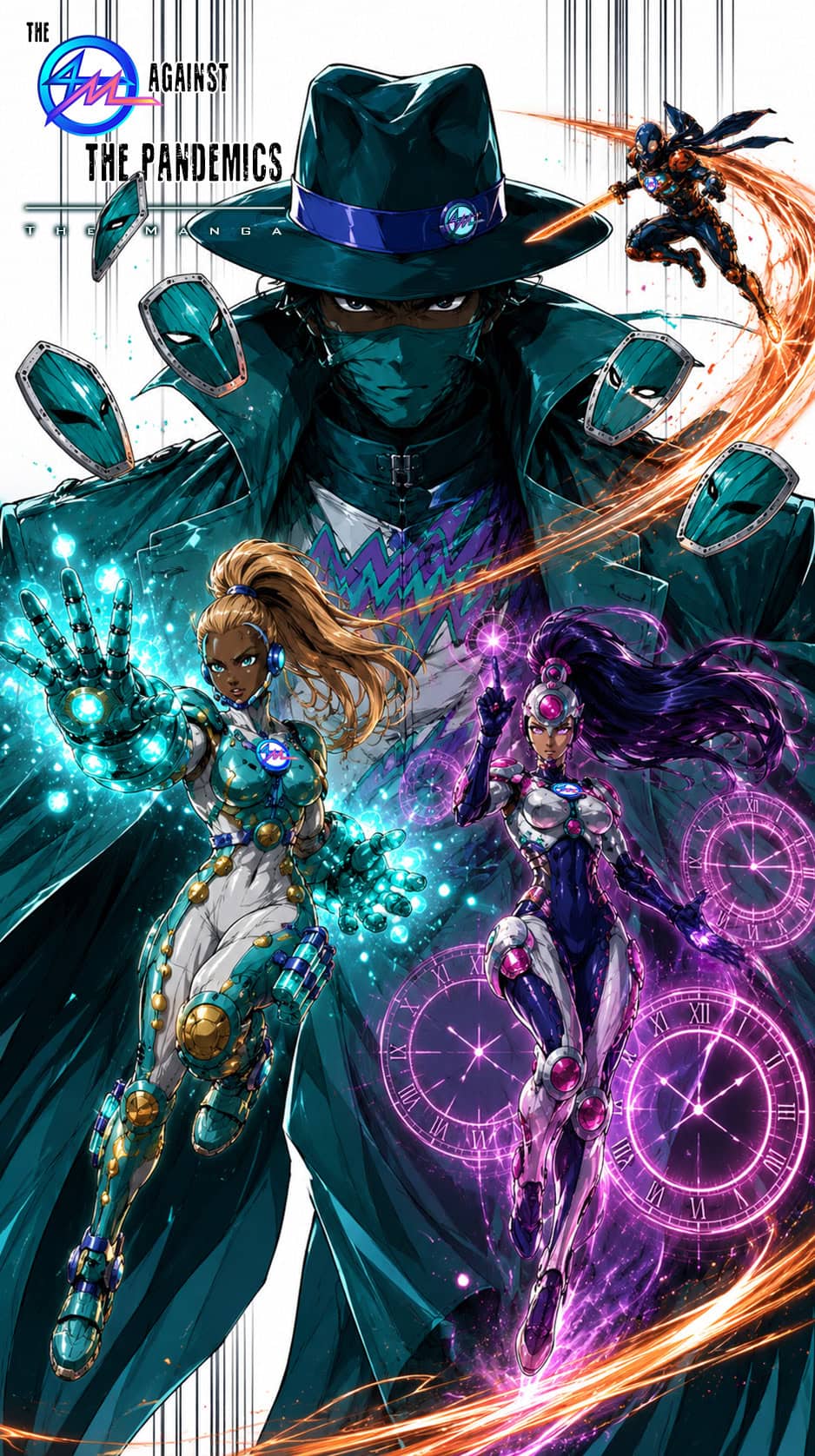 Illustration of Miss Mano, a superhero black female character, with a giant Hands design Logotype emphasizing hand hygiene management and contact issues in pandemics issues and health preventive measures. A dynamic illustration of a futuristic female robot with glowing blue energy, advanced armor, and a confident stance, representing power in hand cleansing.