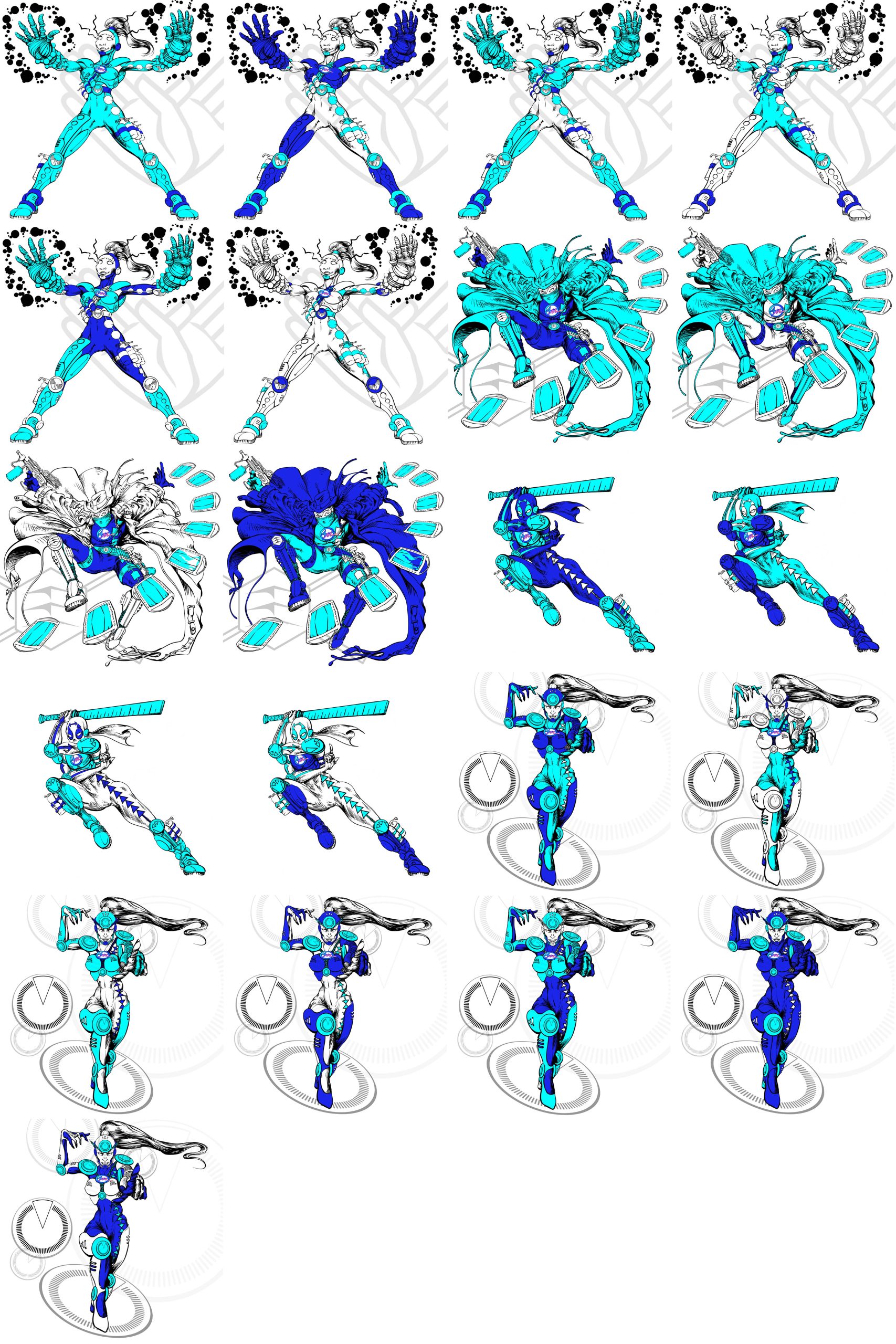 Illustration of Miss Mano, a superhero black female character, with a giant Hands design Logotype emphasizing hand hygiene management and contact issues in pandemics issues and health preventive measures. A dynamic illustration of a futuristic female robot with glowing blue energy, advanced armor, and a confident stance, representing power in hand cleansing.