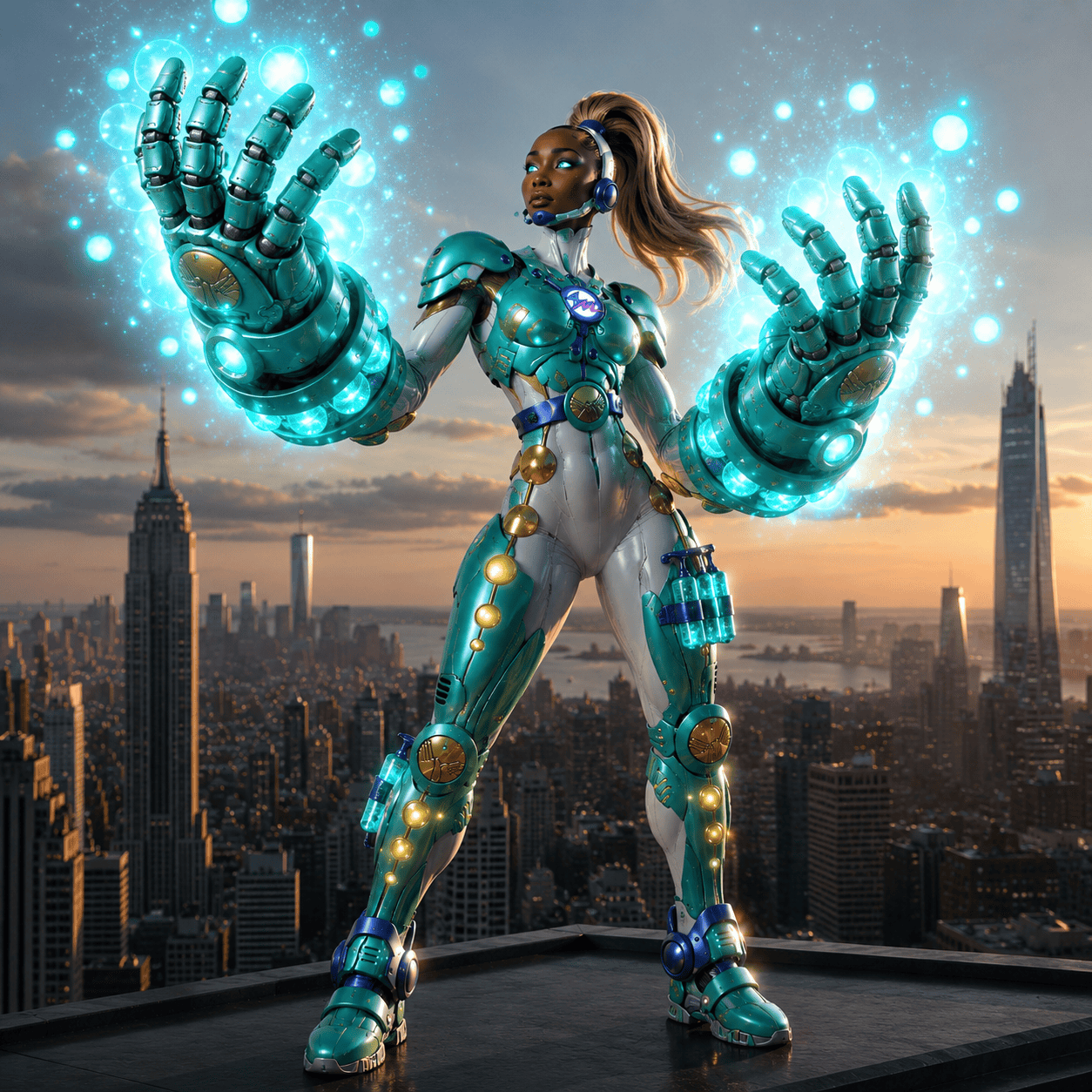 Illustration of Miss Mano, a superhero black female character, with a giant Hands design Logotype emphasizing hand hygiene management and contact issues in pandemics issues and health preventive measures. A dynamic illustration of a futuristic female robot with glowing blue energy, advanced armor, and a confident stance, representing power in hand cleansing.