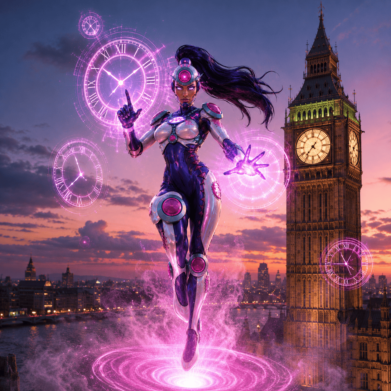 Illustration of Miss Minute, a superhero middle eastern female character, with a giant Clock design Logotype emphasizing time management and urgency in pandemics issues and health preventive measures. She is in a high-tech suit with long flowing hair, dynamic pose, vibrant pink and blue colors, and digital background elements.
