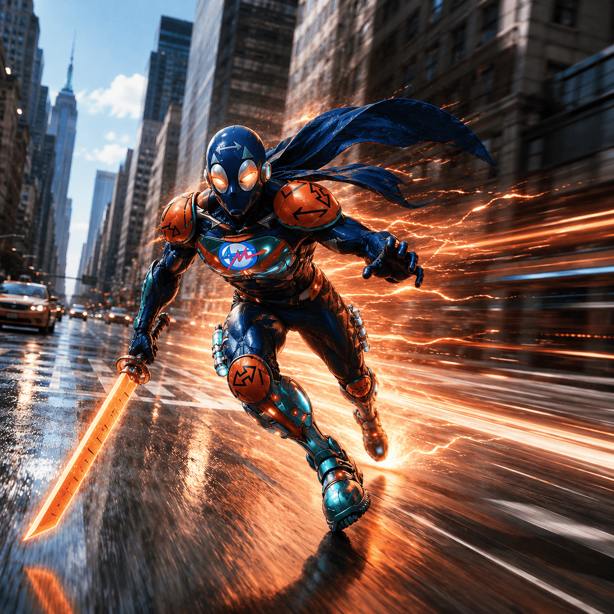Illustration of Mister Meter, a superhero asian male, ninja-like character, with a giant Double Arrow design Logotype emphasizing distance management and safety distance in pandemics issues and health preventive measures, with a superspeed effect, dynamic pose and vibrant colors.