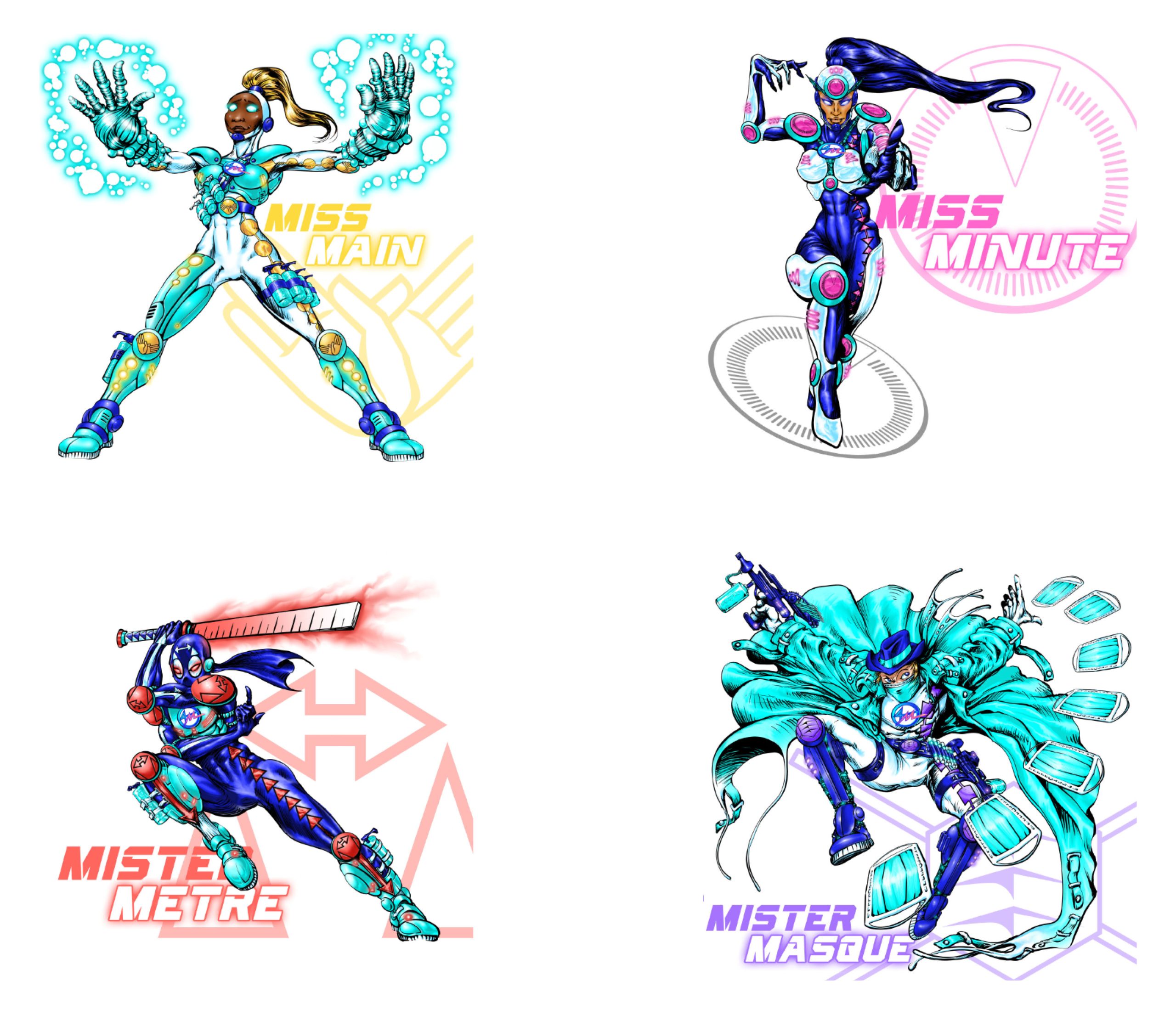 Illustration of Miss Mano, a superhero black female character, with a giant Hands design Logotype emphasizing hand hygiene management and contact issues in pandemics issues and health preventive measures. A dynamic illustration of a futuristic female robot with glowing blue energy, advanced armor, and a confident stance, representing power in hand cleansing.