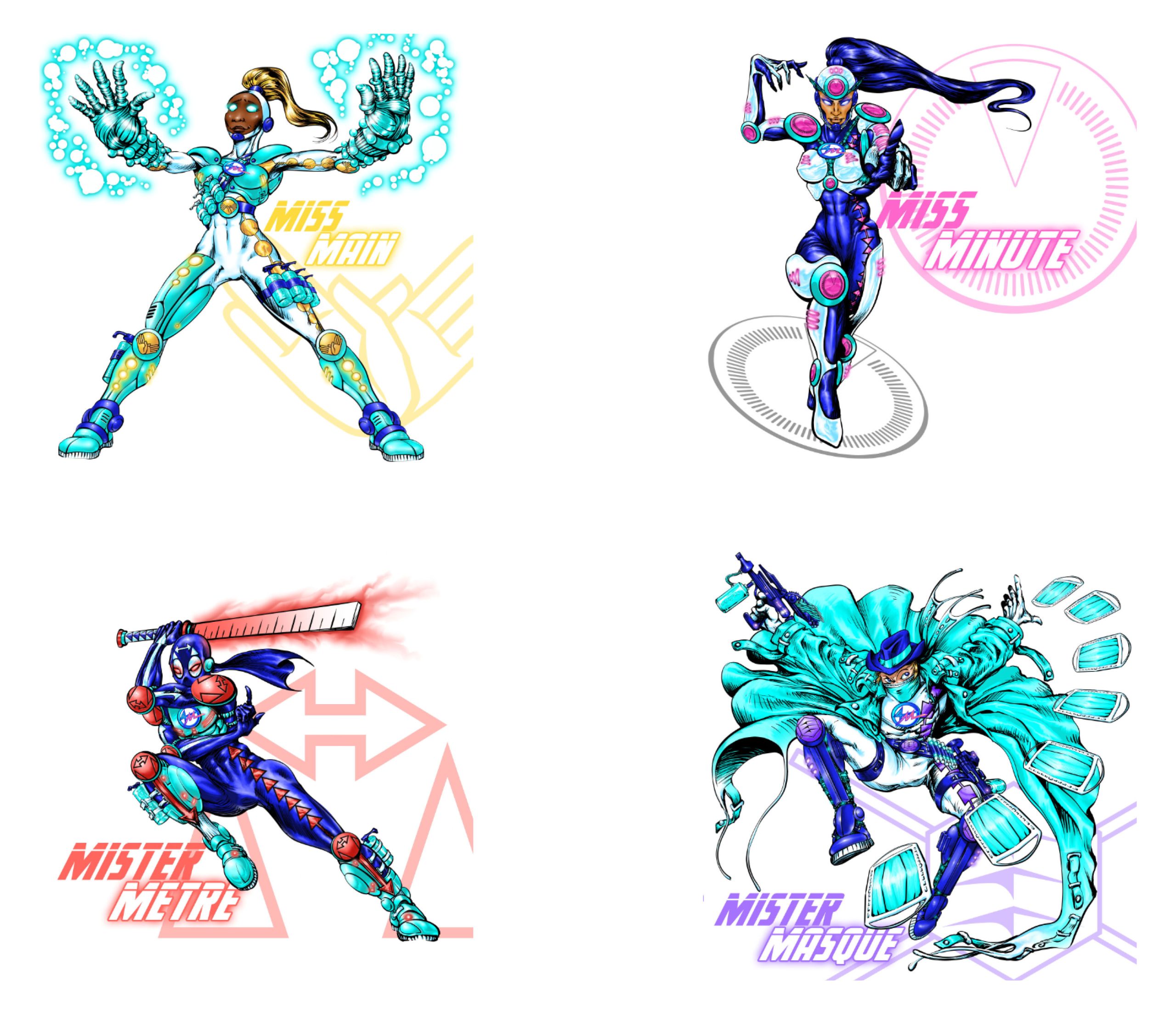 Illustration of Miss Mano, a superhero black female character, with a giant Hands design Logotype emphasizing hand hygiene management and contact issues in pandemics issues and health preventive measures. A dynamic illustration of a futuristic female robot with glowing blue energy, advanced armor, and a confident stance, representing power in hand cleansing.