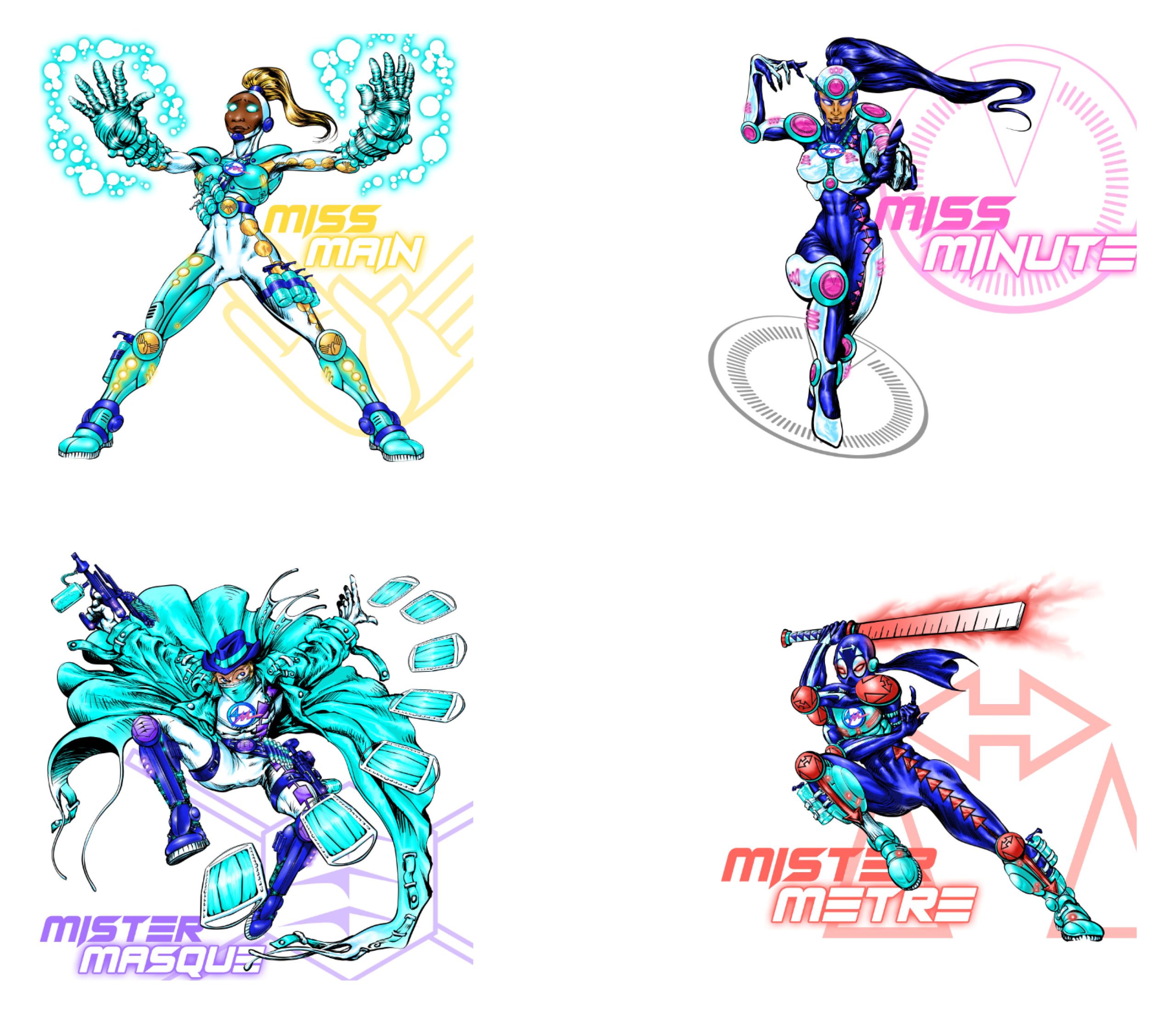 Illustration of Miss Mano, a superhero black female character, with a giant Hands design Logotype emphasizing hand hygiene management and contact issues in pandemics issues and health preventive measures. A dynamic illustration of a futuristic female robot with glowing blue energy, advanced armor, and a confident stance, representing power in hand cleansing.