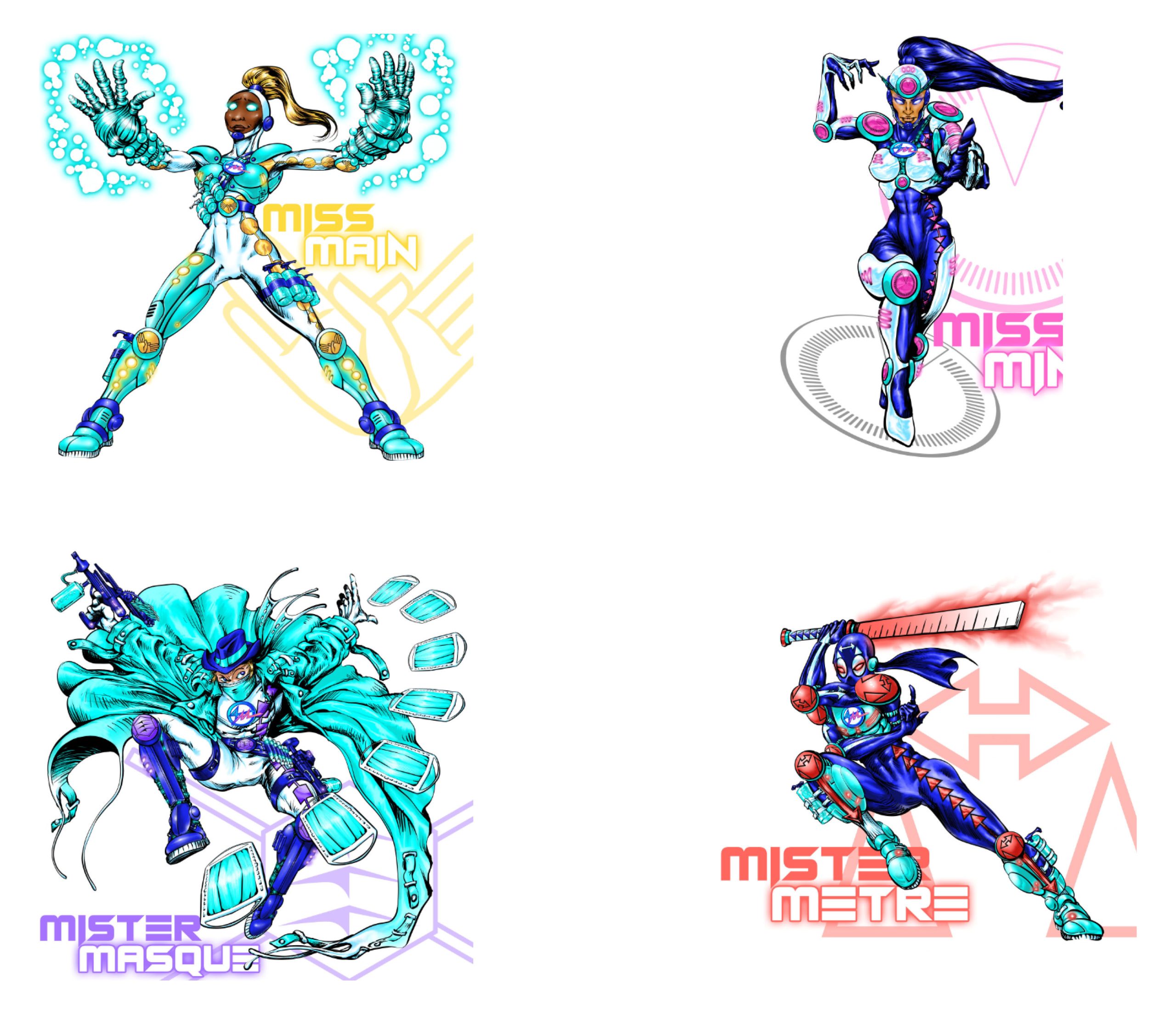 Illustration of Miss Mano, a superhero black female character, with a giant Hands design Logotype emphasizing hand hygiene management and contact issues in pandemics issues and health preventive measures. A dynamic illustration of a futuristic female robot with glowing blue energy, advanced armor, and a confident stance, representing power in hand cleansing.