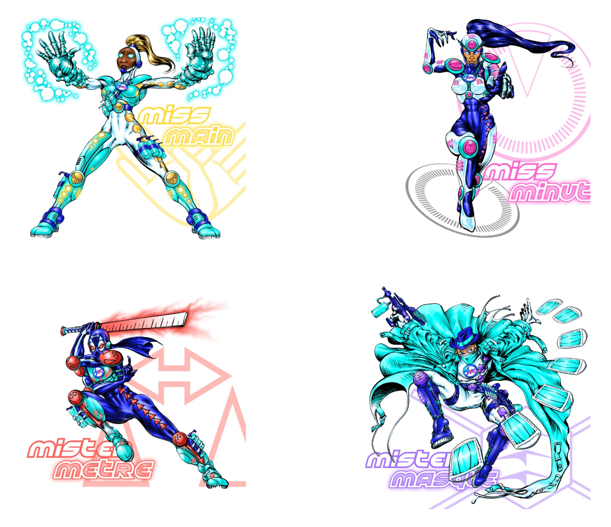 Illustration of Miss Mano, a superhero black female character, with a giant Hands design Logotype emphasizing hand hygiene management and contact issues in pandemics issues and health preventive measures. A dynamic illustration of a futuristic female robot with glowing blue energy, advanced armor, and a confident stance, representing power in hand cleansing.