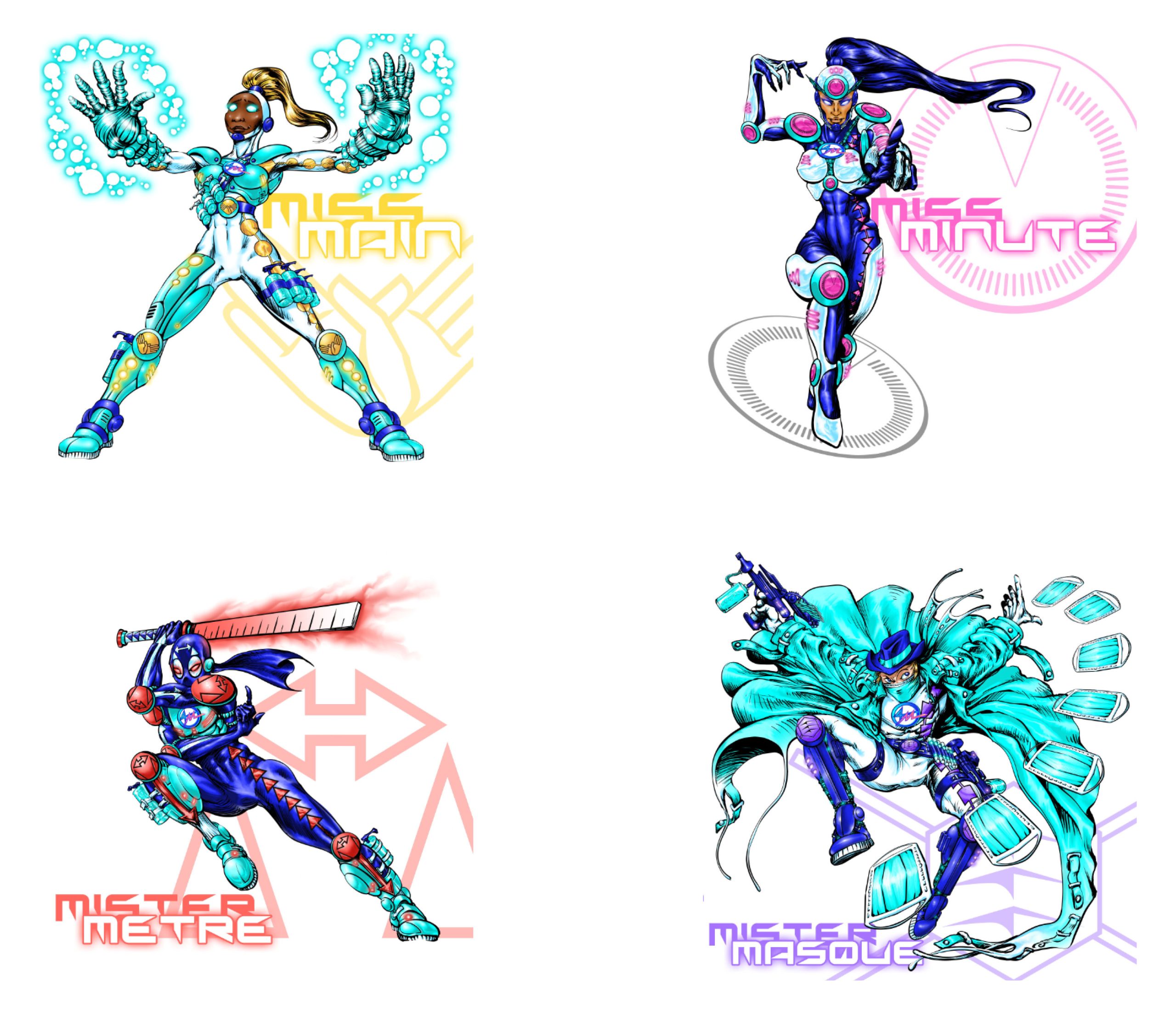 Illustration of Miss Mano, a superhero black female character, with a giant Hands design Logotype emphasizing hand hygiene management and contact issues in pandemics issues and health preventive measures. A dynamic illustration of a futuristic female robot with glowing blue energy, advanced armor, and a confident stance, representing power in hand cleansing.