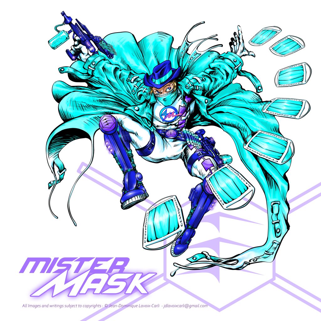 Illustration of Mister Mask, a superhero caucasian male character, with a giant Mask design Logotype emphasizing the importance of wearing a mask to protect others and embody true heroism in pandemics issues and health preventive measures, with a dynamic pose and vibrant colors.