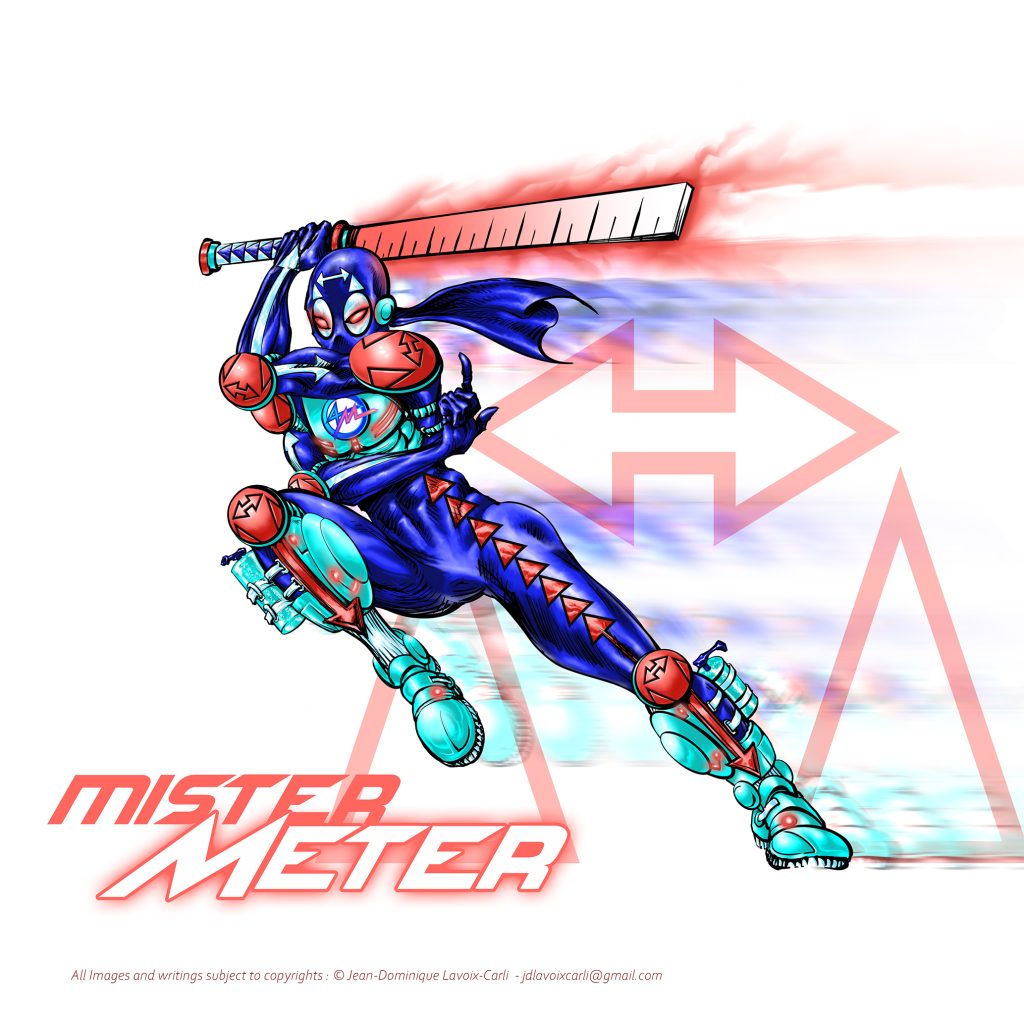 Illustration of Mister Meter, a superhero asian male, ninja-like character, with a giant Double Arrow design Logotype emphasizing distance management and safety distance in pandemics issues and health preventive measures, with a superspeed effect, dynamic pose and vibrant colors.