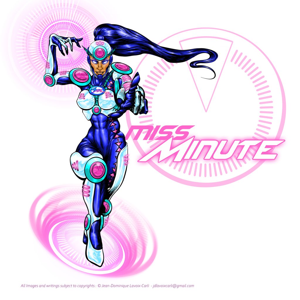 Illustration of Miss Minute, a superhero middle eastern female character, with a giant Clock design Logotype emphasizing time management and urgency in pandemics issues and health preventive measures. She is in a high-tech suit with long flowing hair, dynamic pose, vibrant pink and blue colors, and digital background elements.