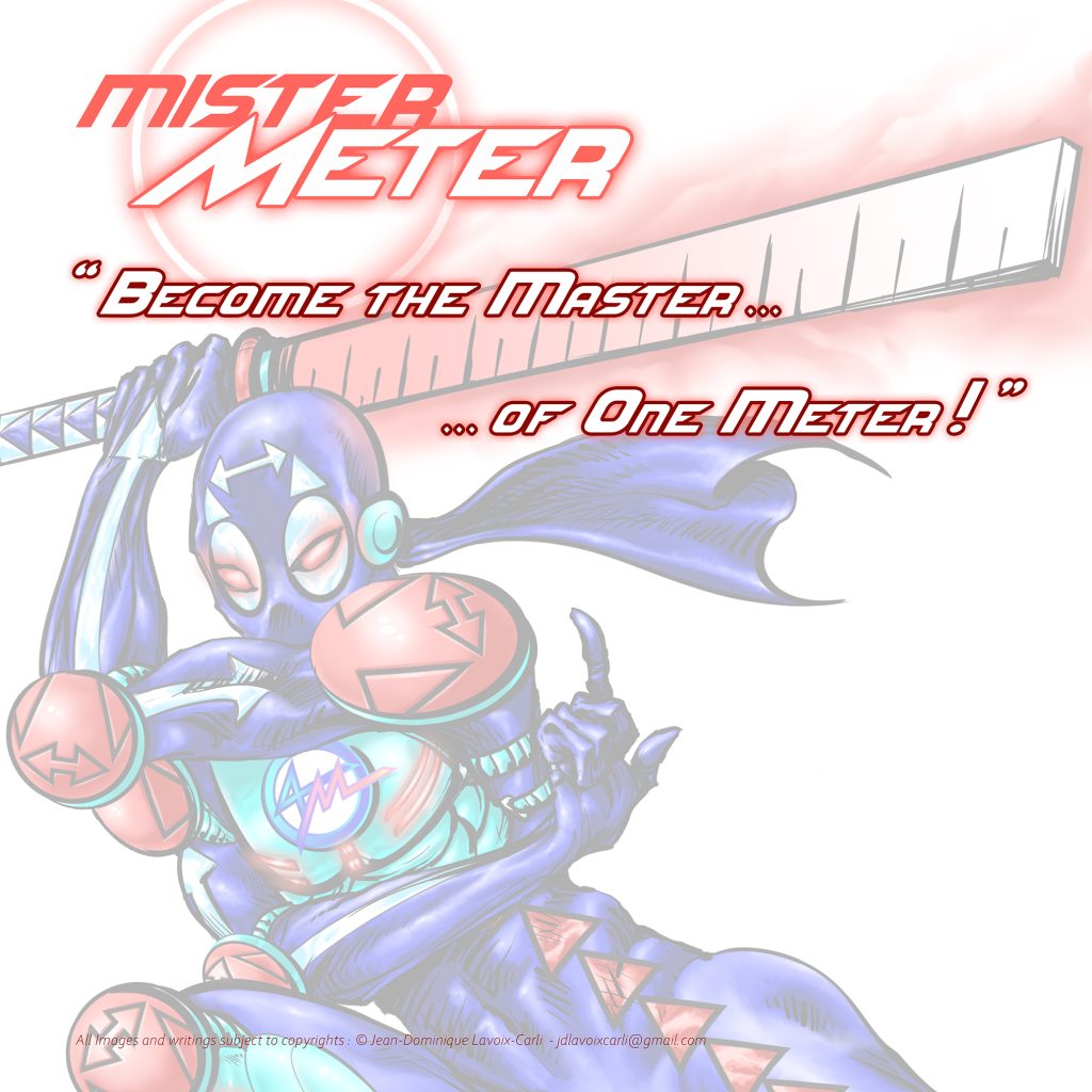 Illustration of Miss Minute, a futuristic character wearing a huge ruler as a sword, with the quote "Become the Master... of One Meter!" emphasizing distance management and safety distance in pandemics issues and health preventive measures.