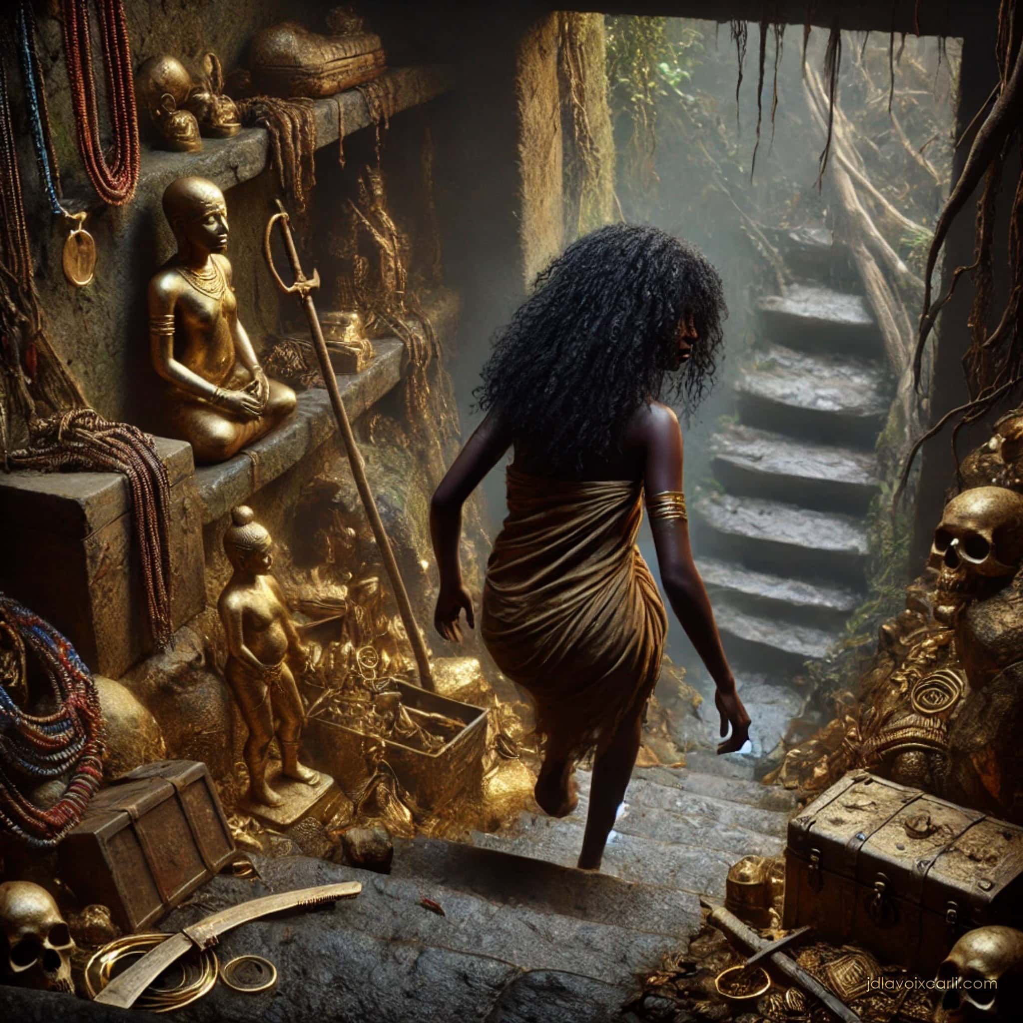 A woman in rags is walking down a path filled with treasure.