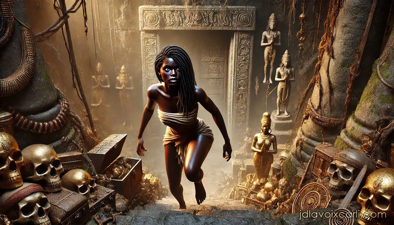 A woman in rags is walking through a cave with a treasure and gold skulls.