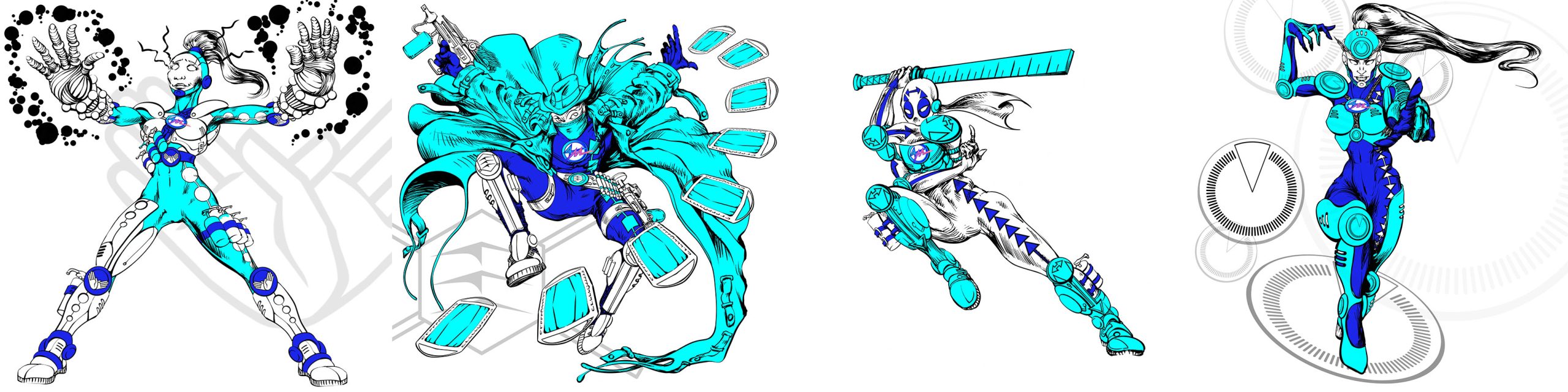 Illustration of Mister Meter, a superhero asian male, ninja-like character, with a giant Double Arrow design Logotype emphasizing distance management and safety distance in pandemics issues and health preventive measures, with a superspeed effect, dynamic pose and vibrant colors.